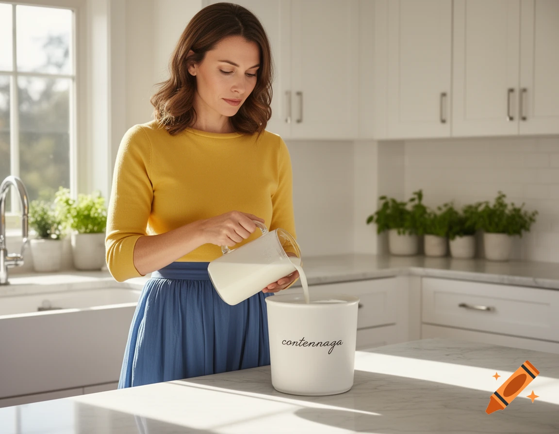 A woman in a yellow top and blue skirt pours milk into a white container in a bright kitchen.