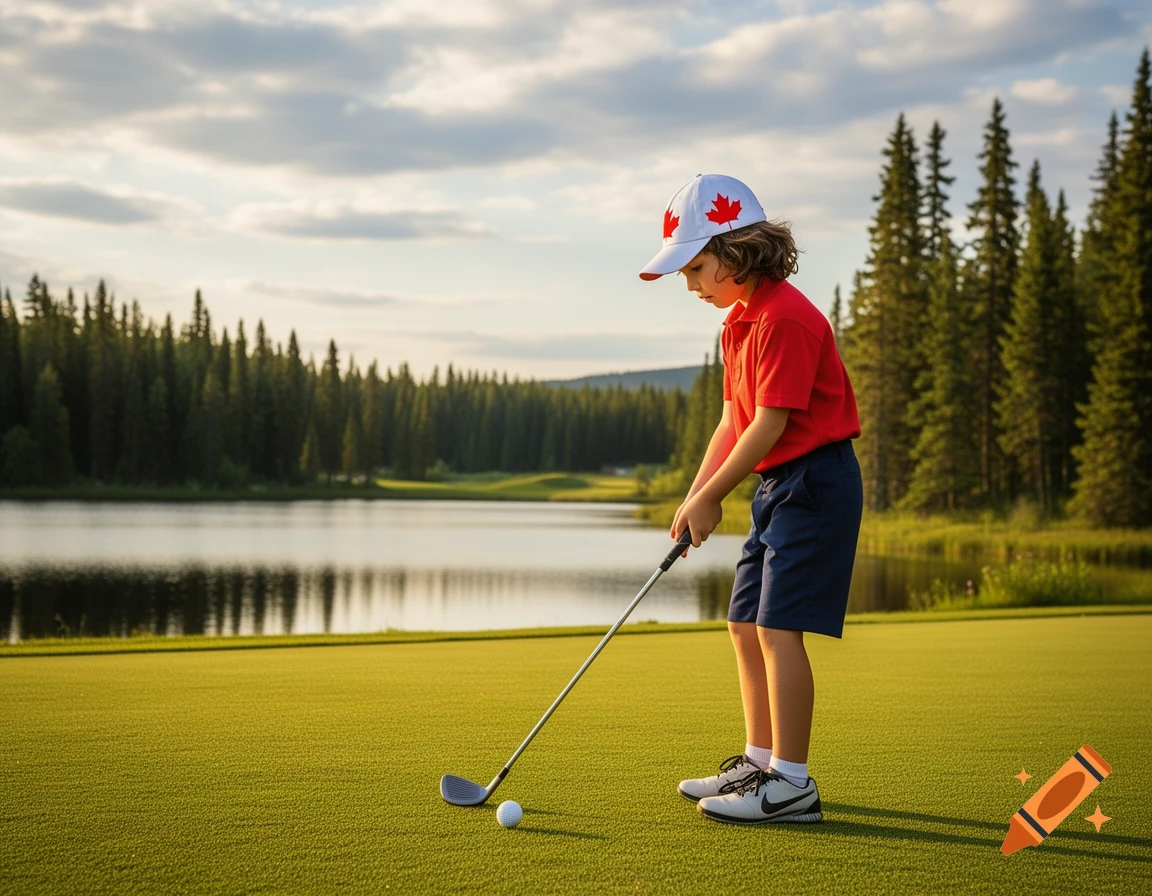 A young boy wearing a white cap with red maple leaves and a red polo shirt is golfing on a green course by a lake and pine forest under a cloudy sky.