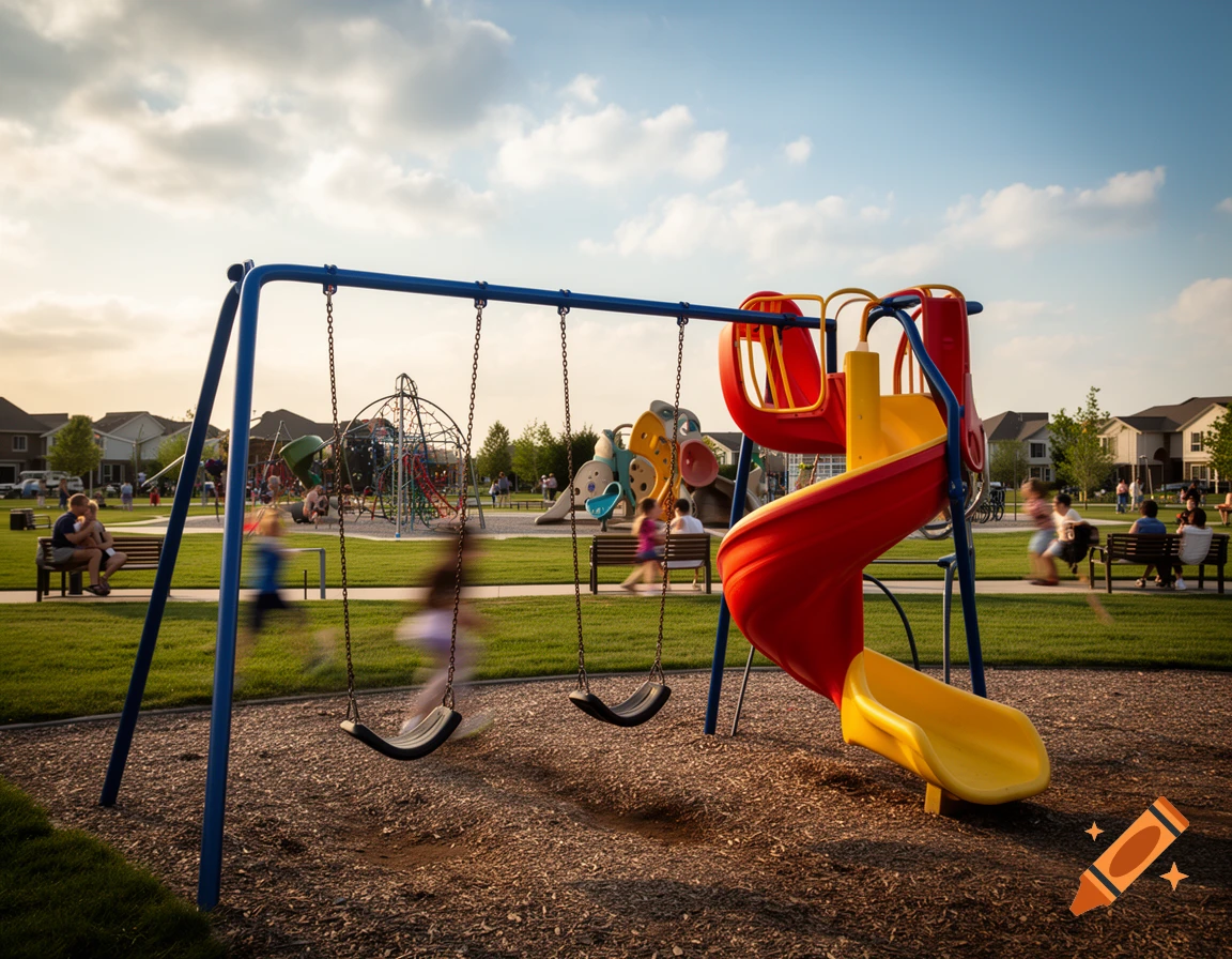 A vibrant playground at sunset with children playing on swings and a spiral slide, surrounded by green grass and houses.