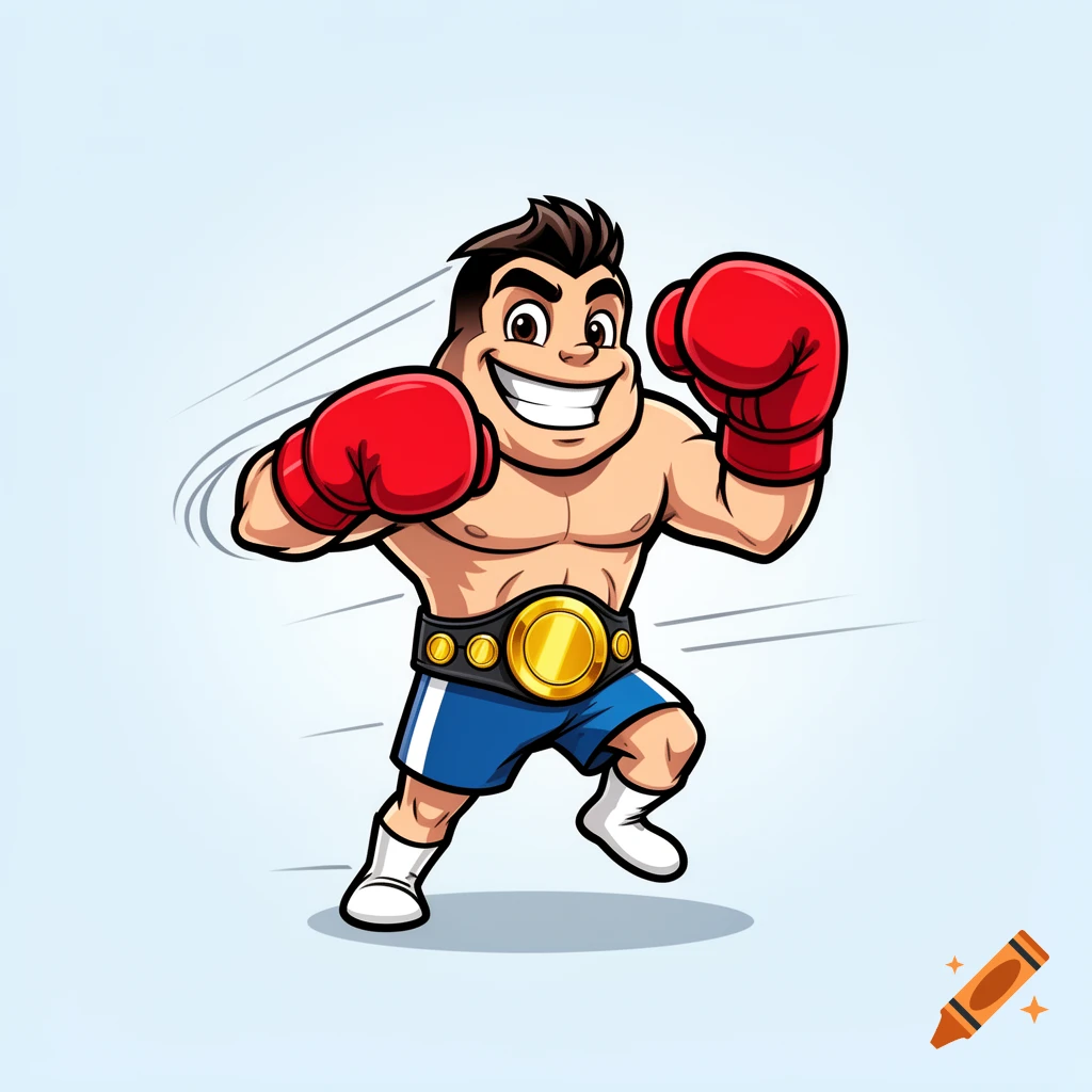 Cartoon boxer mascot with red gloves and championship belt smiling, in an easy-to-draw illustration style.