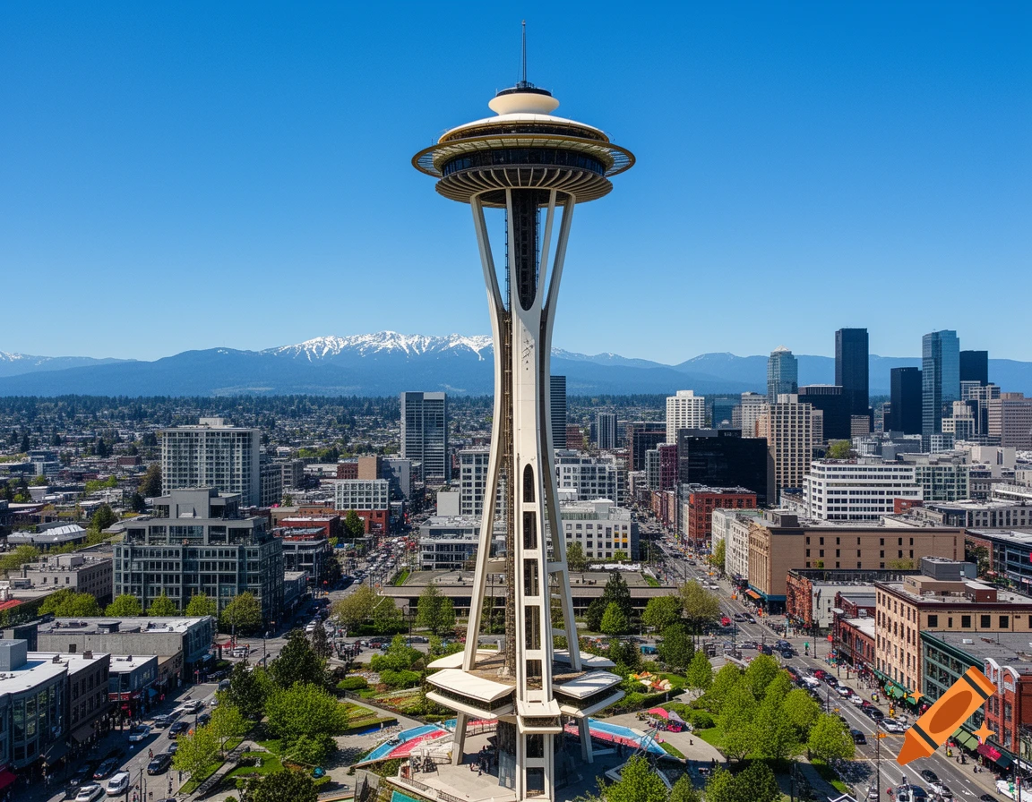 A high-angle view of the Seattle Space Needle towering over a vibrant cityscape with snow-capped mountains in the background under a clear blue sky.