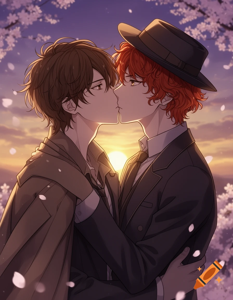 Two anime men with brown and red hair kiss passionately at sunset under falling pink sakura blossoms.