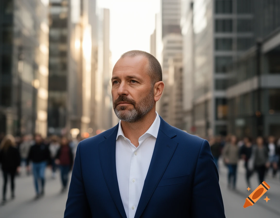 A bald man with a beard, wearing a blue suit and white shirt, stands on a busy city street with tall buildings in the background.