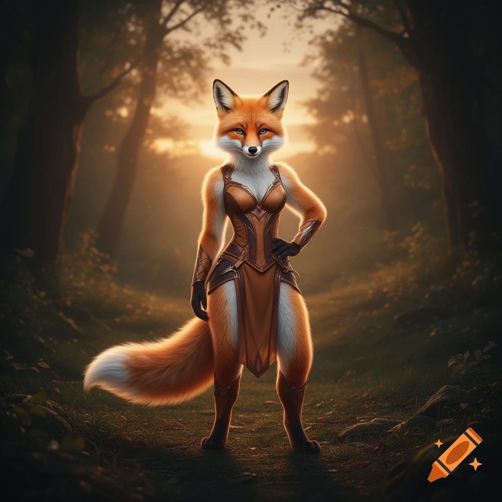 An anthropomorphic female fox in a brown fantasy warrior outfit stands in a misty forest at sunset, looking forward.