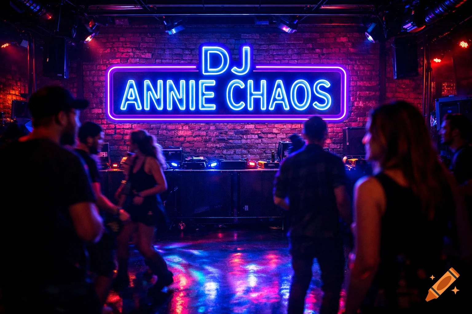 A neon sign in a dark nightclub reads "DJ ANNIE CHAOS," with blurred club-goers in the foreground. Photorealistic.