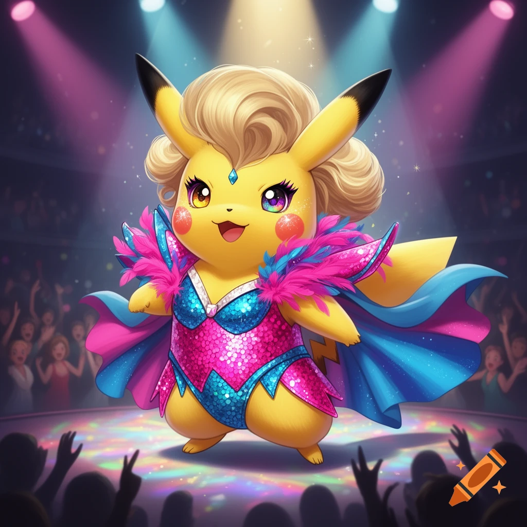 Pikachu dressed as a drag queen on stage, wearing a sequined pink and blue outfit with feathered epaulets and a blonde wig, under spotlights, with a cheering audience.