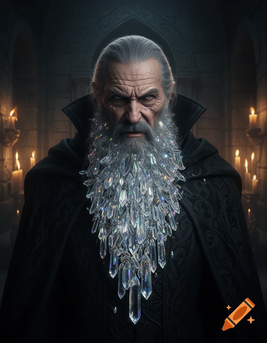 A stern, old wizard with a long grey, shimmering crystal beard and dark cloak stands in a dimly lit, vaulted room with candles.