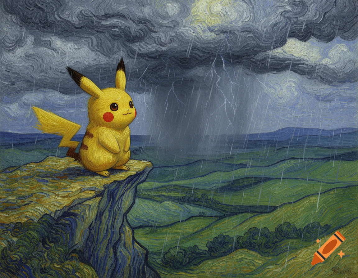 Van Gogh style painting of Pikachu sitting on a cliff, looking over a rainy valley under a stormy sky with lightning.