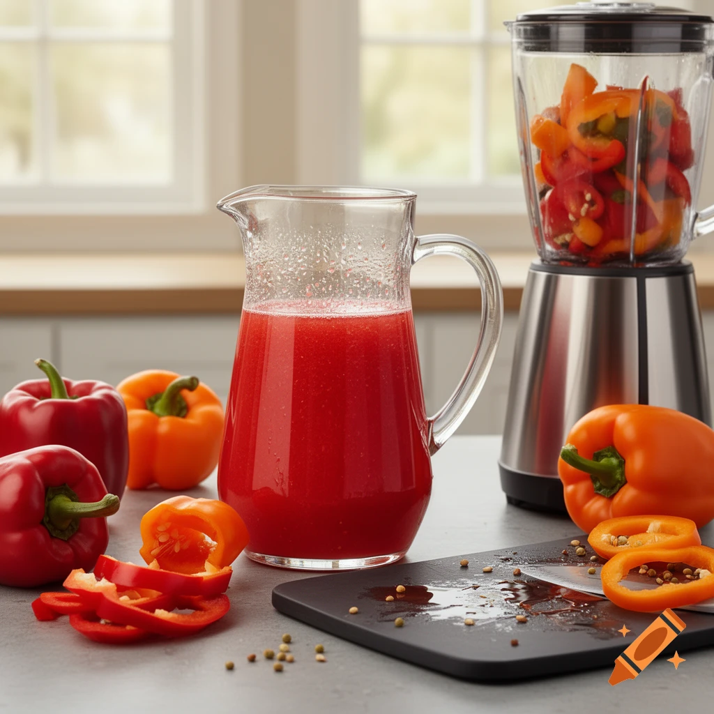 Red and orange bell peppers are on a kitchen counter next to a pitcher of red juice, a blender, and a cutting board with sliced peppers.