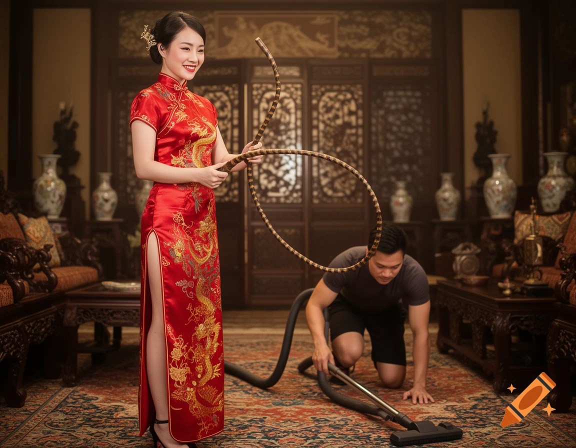 An elegant Chinese woman in a red cheongsam holds a looped stick, smiling as a man vacuums a patterned rug in a traditional room.
