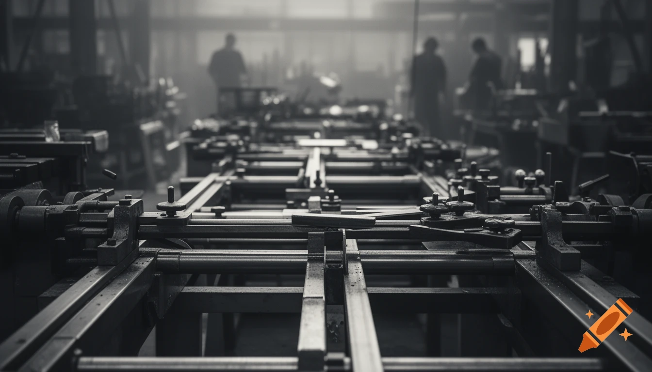 A black and white, photorealistic image of a dimly lit industrial workshop with machinery in the foreground and blurred worker silhouettes in the background.