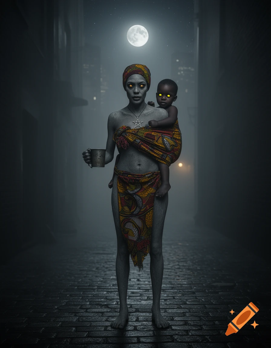 A corpse-like Black woman with glowing yellow eyes, wearing a patterned loincloth, headscarf, and pentagram necklace, holds a cup while carrying a baby with glowing eyes on her back in a dark, foggy alley under a full moon.