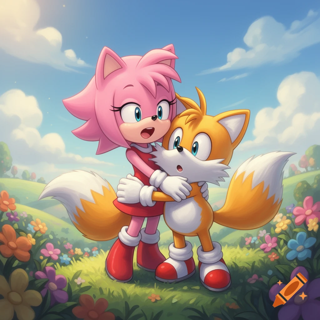 Amy Rose, a pink hedgehog, hugs Tails, a yellow fox, in a vibrant cartoon style, standing in a field of colorful flowers under a blue sky.