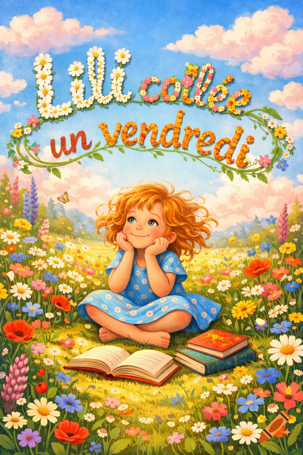 A happy red-haired girl in a blue dress sits in a vibrant flower field with books, under flower text "Lili collée un vendredi". Illustration.