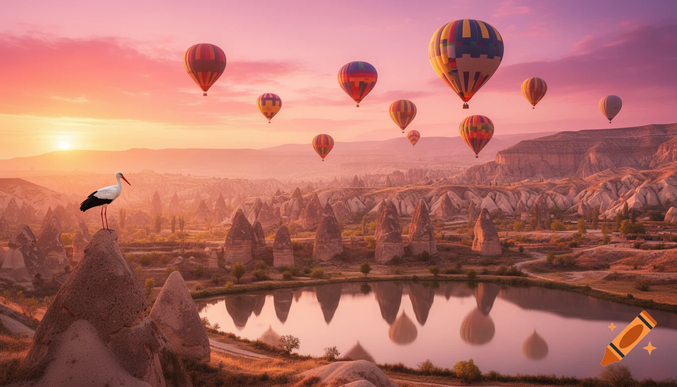 Scenic sunrise in Cappadocia with hot air balloons over fairy chimneys, a reflective lake, and a stork.