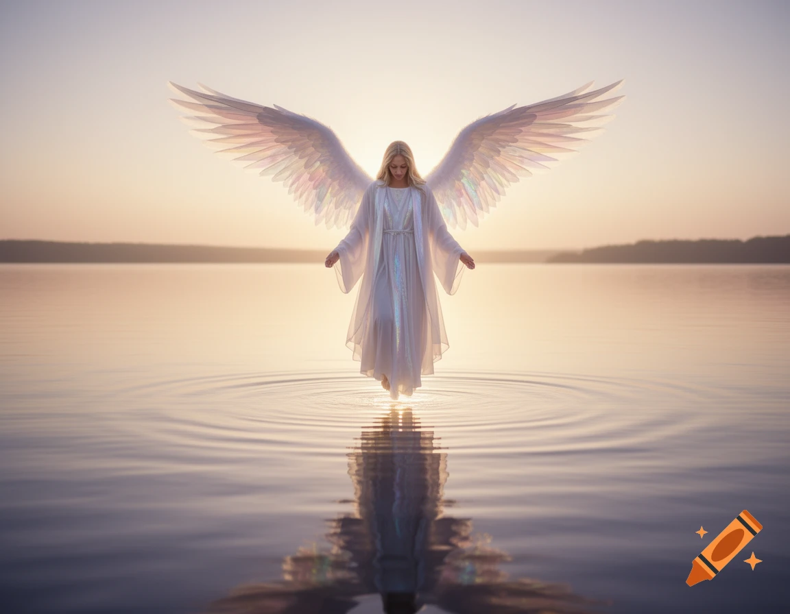 Ethereal blonde angel with large white wings walks on water at sunset, reflected in the calm lake.
