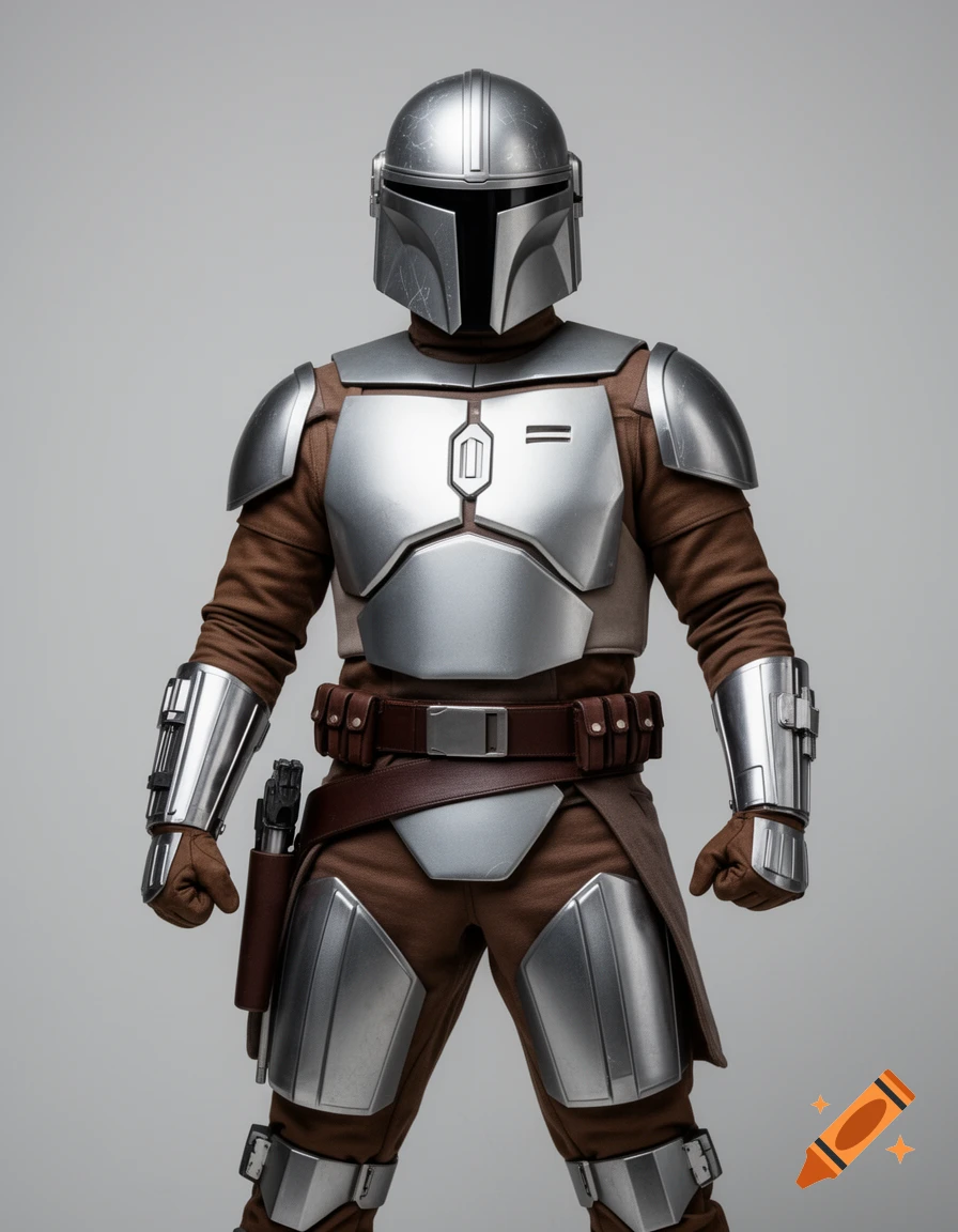 A full-body shot of a character in silver and brown Mandalorian-style armor with a blaster in a holster.
