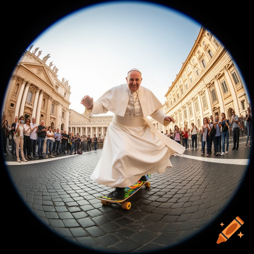 Pope Francis in white robes skateboarding down a cobblestone street, smiling, with a crowd and buildings, captured with a fisheye lens.