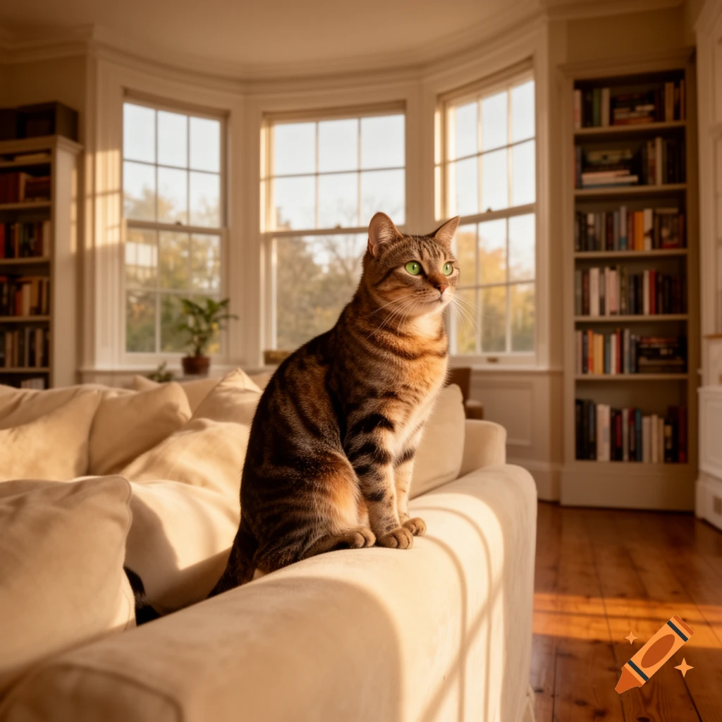 A photorealistic image of a brown tabby cat with green eyes sitting on a couch in a sunlit room with bay windows and bookshelves.