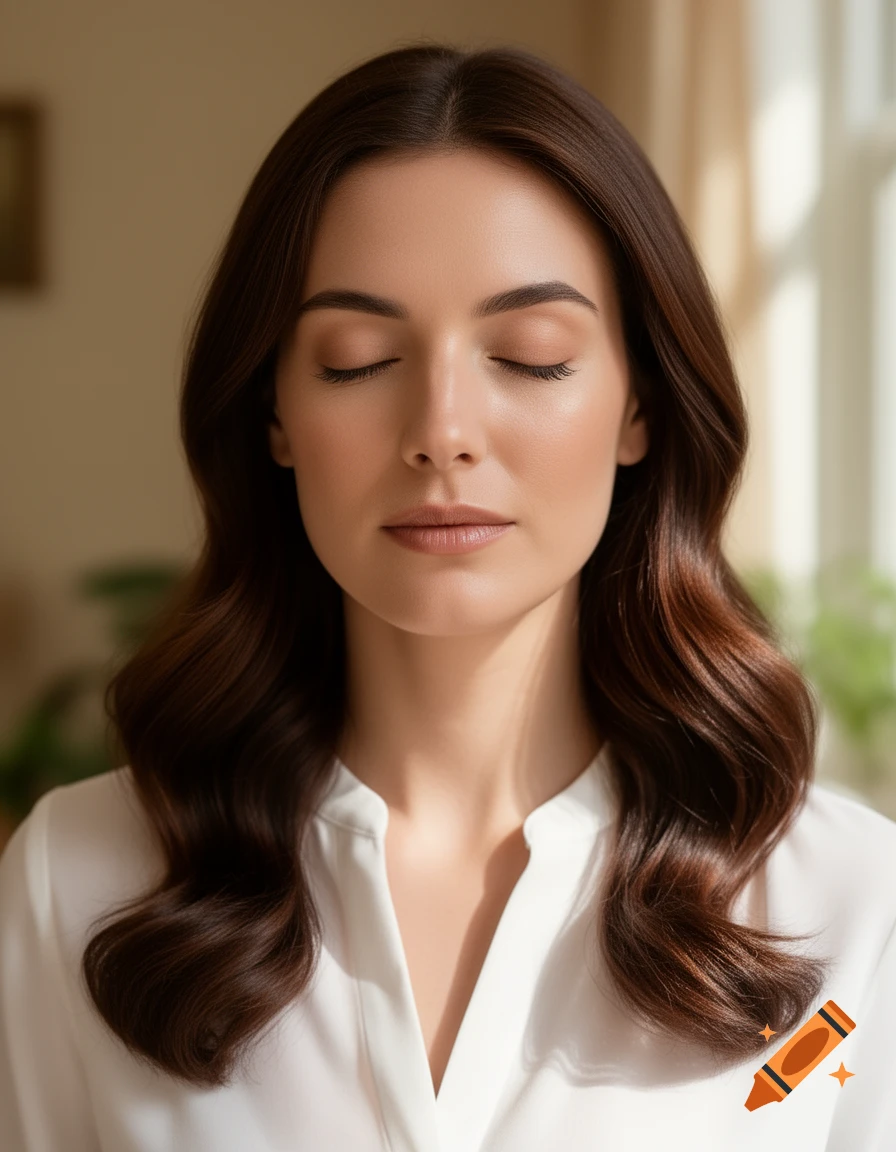 A close-up portrait of a serene woman with closed eyes and long dark wavy hair, wearing a white shirt in soft indoor light.