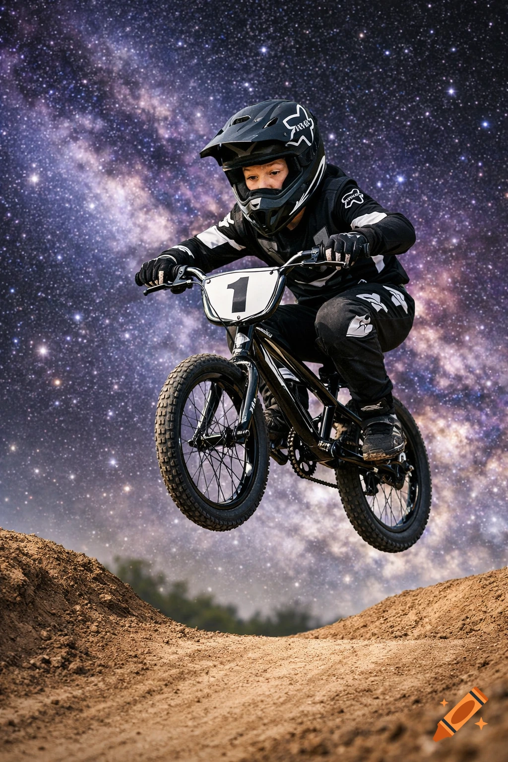 Young boy in black Fox gear and helmet jumping a BMX bike against a vivid galaxy sky.