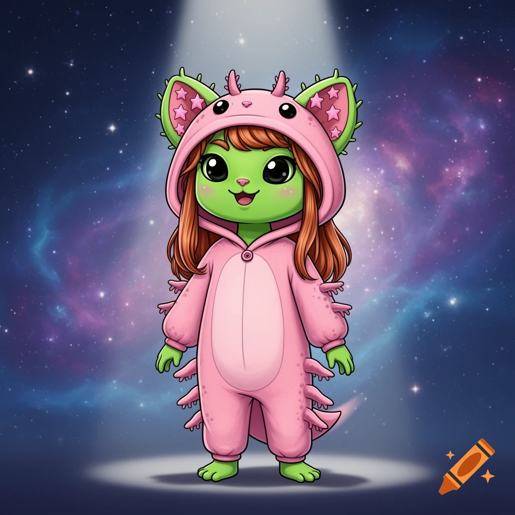 A cute cartoon green alien cat girl with strawberry brown hair, wearing a pink axolotl onesie, standing under a spotlight with a starry space background.