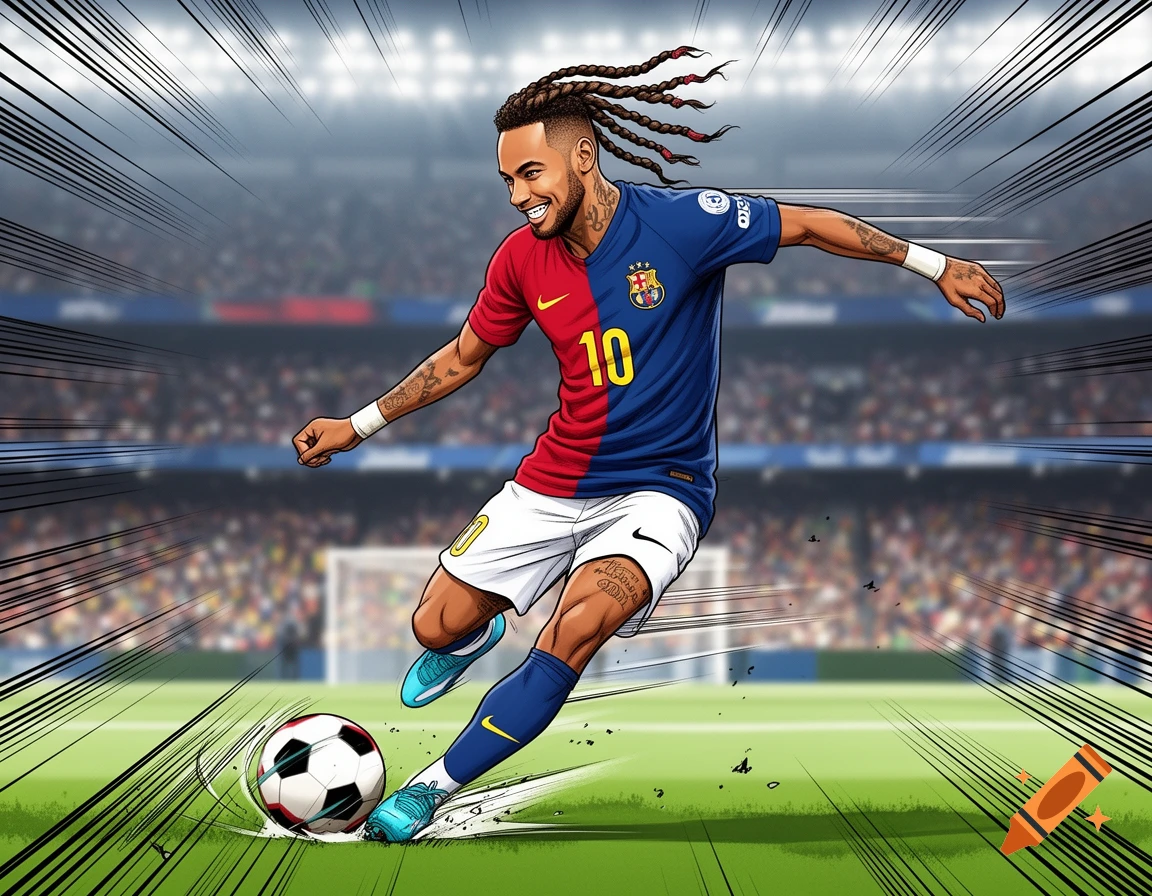 Manga-style illustration of Neymar in a split red and blue jersey, dribbling a football on a stadium pitch with motion lines.