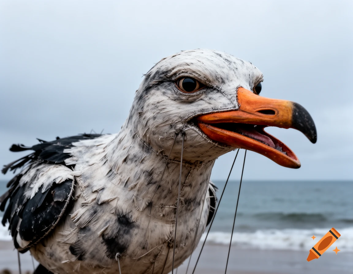 Close-up of a puppet seagull with an open beak, featuring textured white and black feathers, on a beach with the ocean in the background.