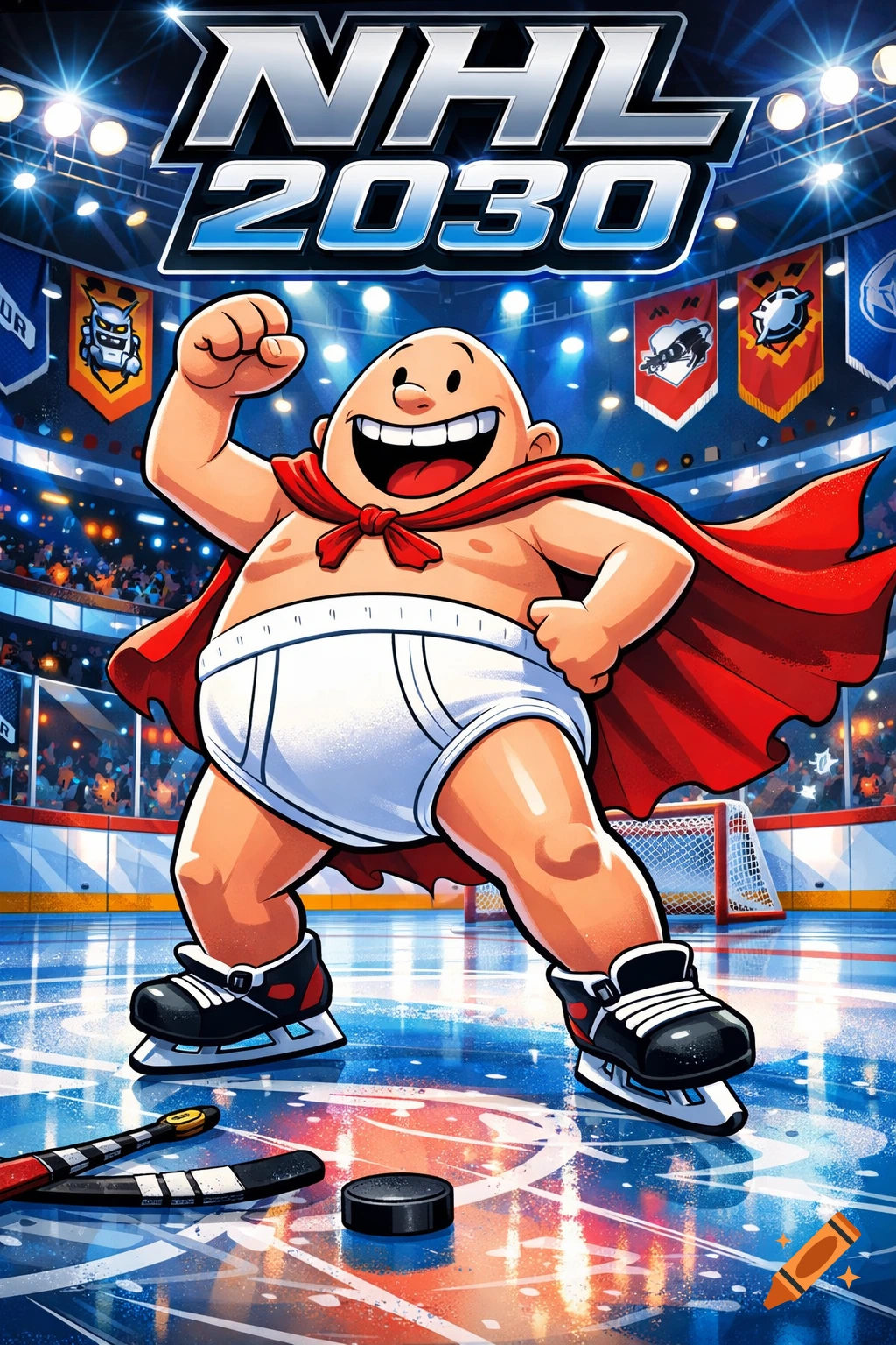 Cartoon Captain Underpants wearing a red cape and white briefs, ice skating on a hockey rink with 'NHL 2030' above, like a game cover.