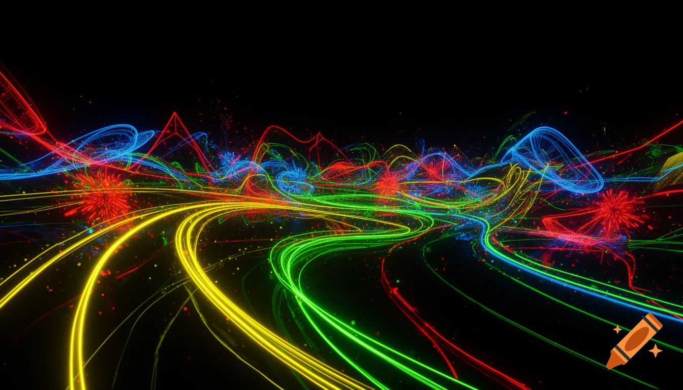 Abstract illustration with vibrant neon light trails and bursts in red, blue, green, and yellow against a dark background.