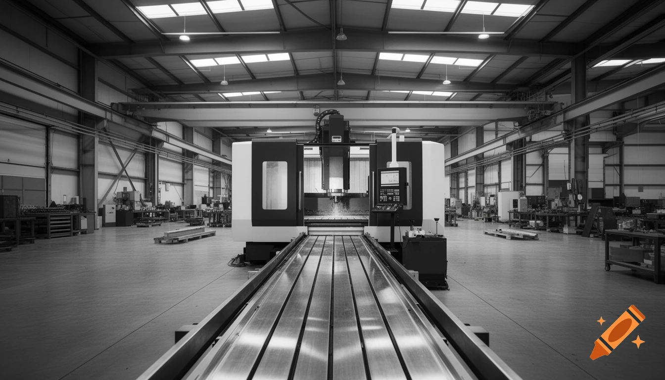 Black and white photo of a large CNC machining center in an empty industrial workshop, symmetrical composition.