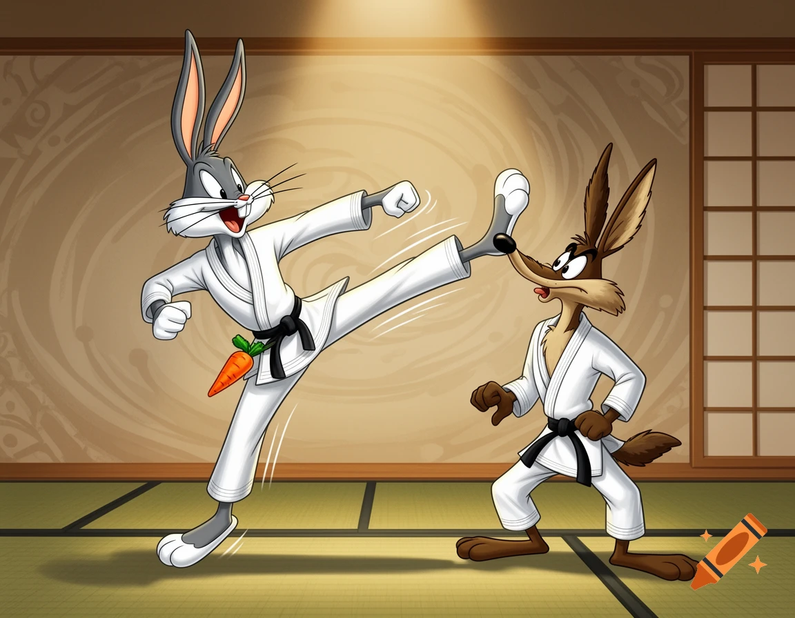 Bugs Bunny in a white karate gi kicks Wile E. Coyote's nose, who also wears a gi, in a dojo.