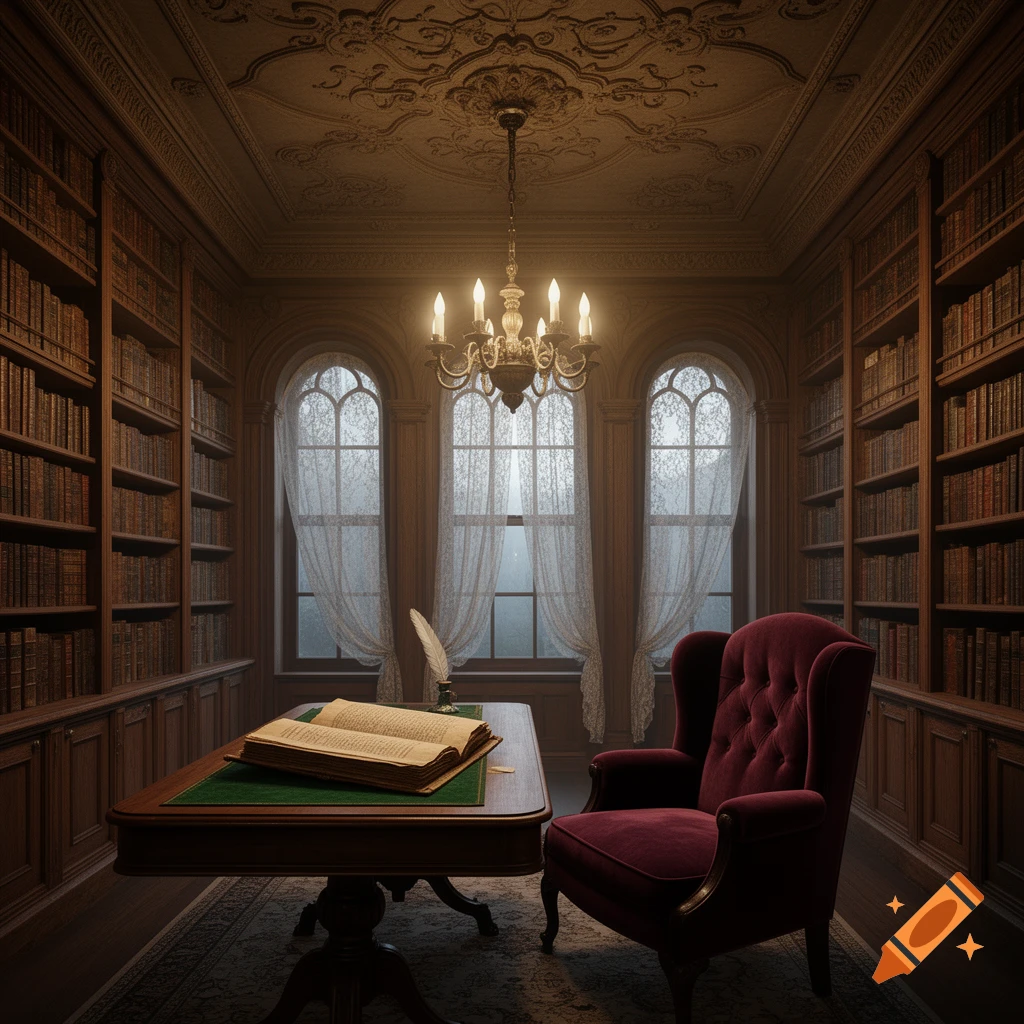 A richly decorated Victorian library study with tall bookshelves, a wooden desk, a red armchair, and arched windows.