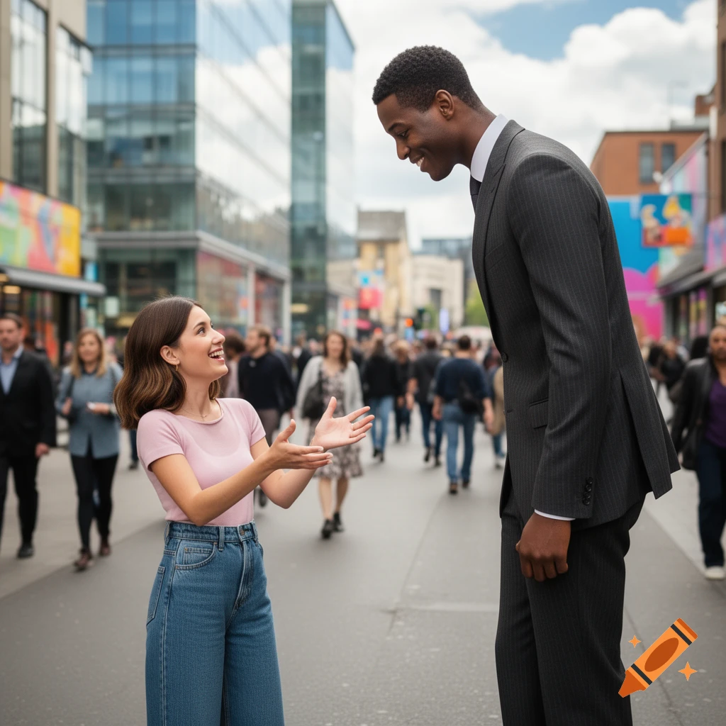 A short woman in a pink shirt and jeans smiles up at a very tall man in a suit on a busy city street.