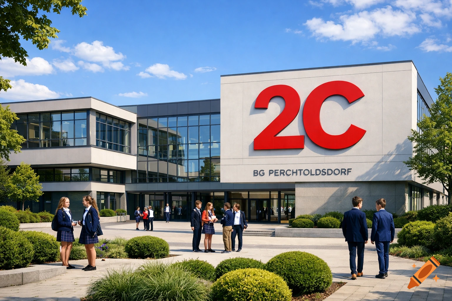 Photorealistic image of students outside a modern school building with '2C' and 'BG PERCHTOLDSDORF' on its facade.