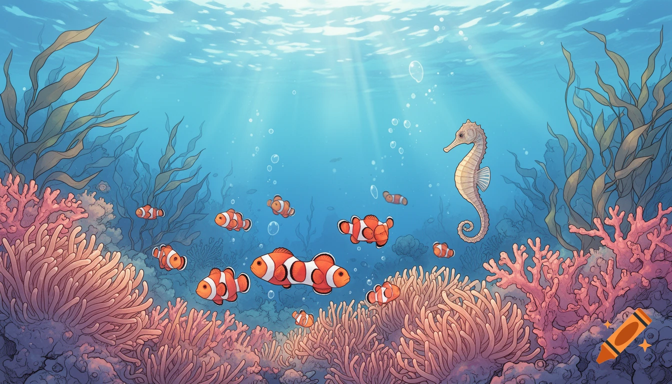 Manga-style underwater scene with clownfish, a seahorse, colorful coral, and seaweed under sunlit water.