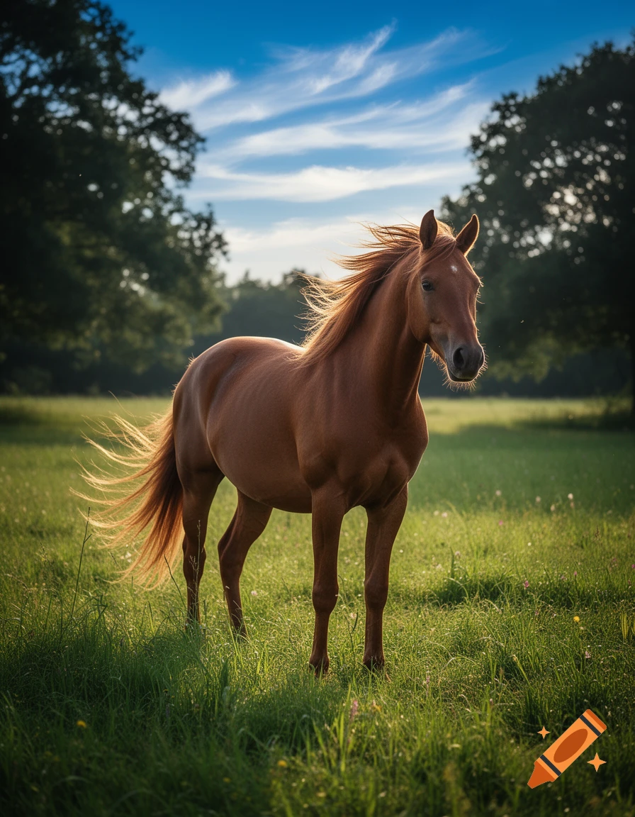 A brown horse with a flowing mane stands in a sunlit green field under a clear blue sky.