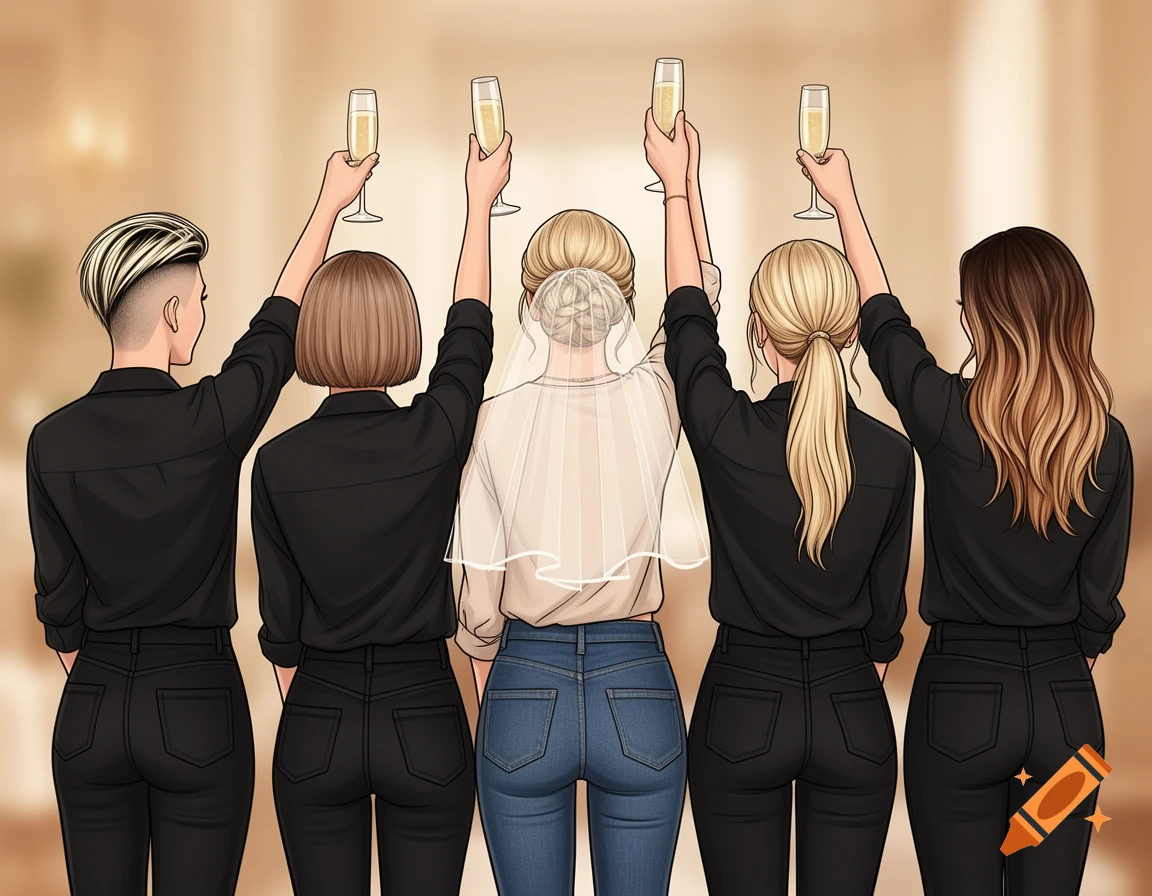 Illustration of five women, including a bride with a veil, seen from behind, raising champagne glasses in celebration.