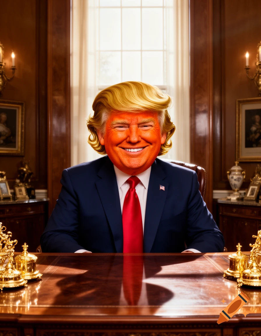 A smiling Donald Trump, depicted with bright orange skin and blonde hair, seated at a large polished wooden desk in a stately office.