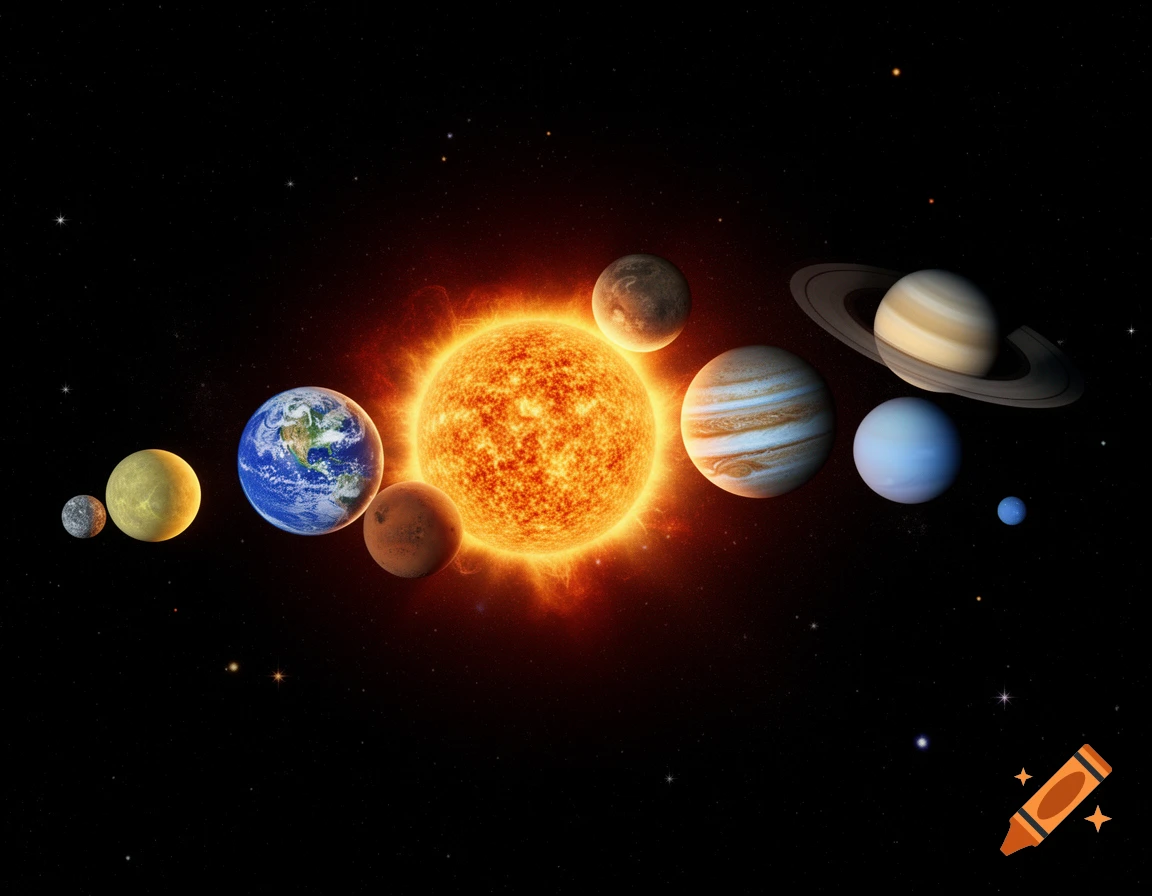 A vibrant illustration of the solar system showing the sun and all eight planets in a line against a starry black background.