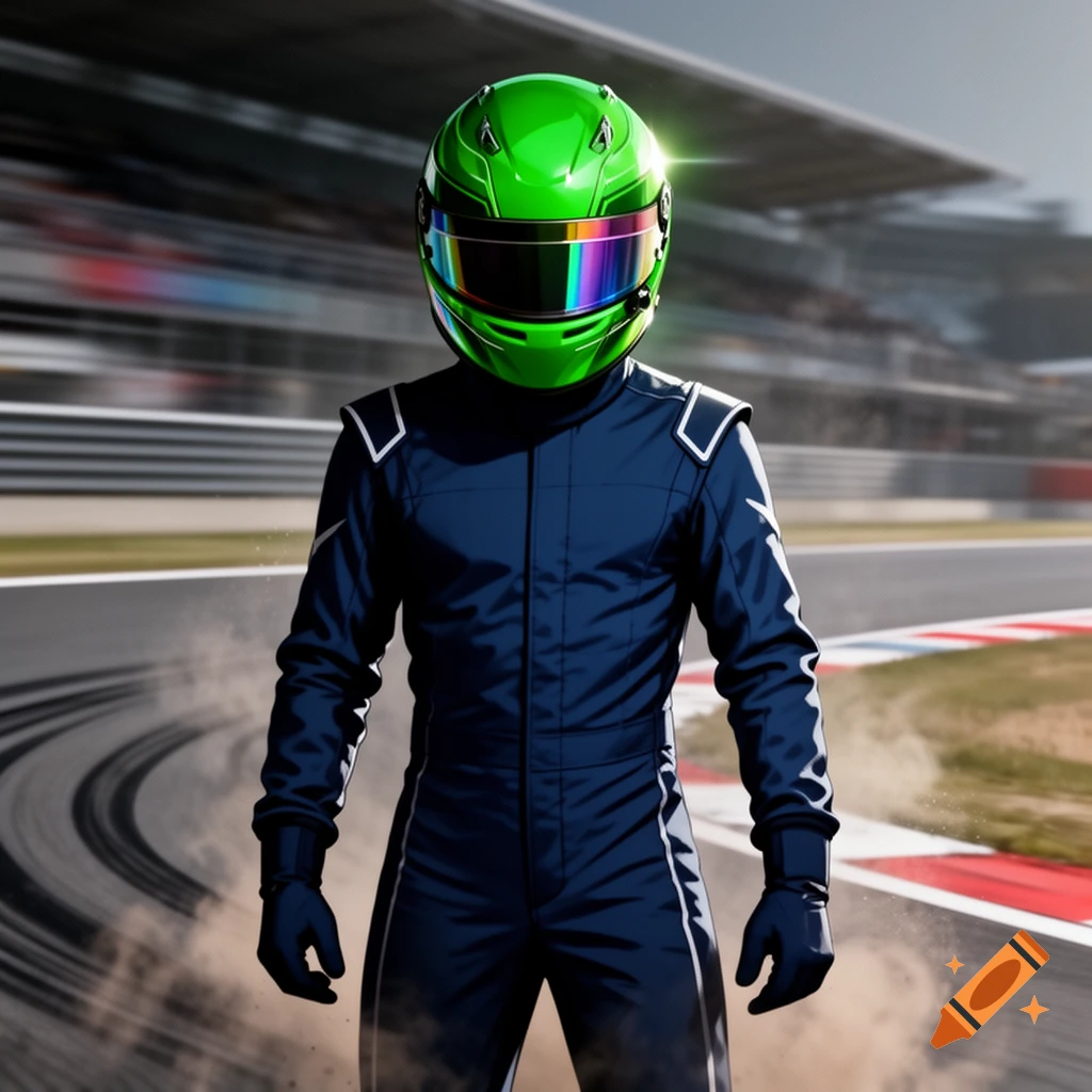 A motorsport driver in a dark blue racing suit and a vibrant green helmet stands on a racetrack.