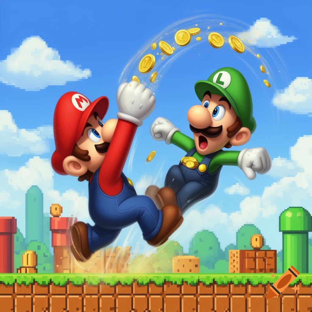 Mario jumps to punch Luigi, who reacts as gold coins scatter from him, in a vibrant, cartoonish Super Mario-style world.