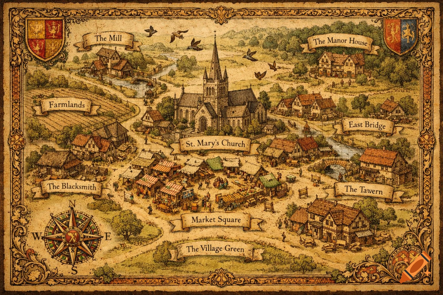 A detailed, illustrated vintage map of a medieval village, showing buildings, farmlands, a church, market square, and roads.