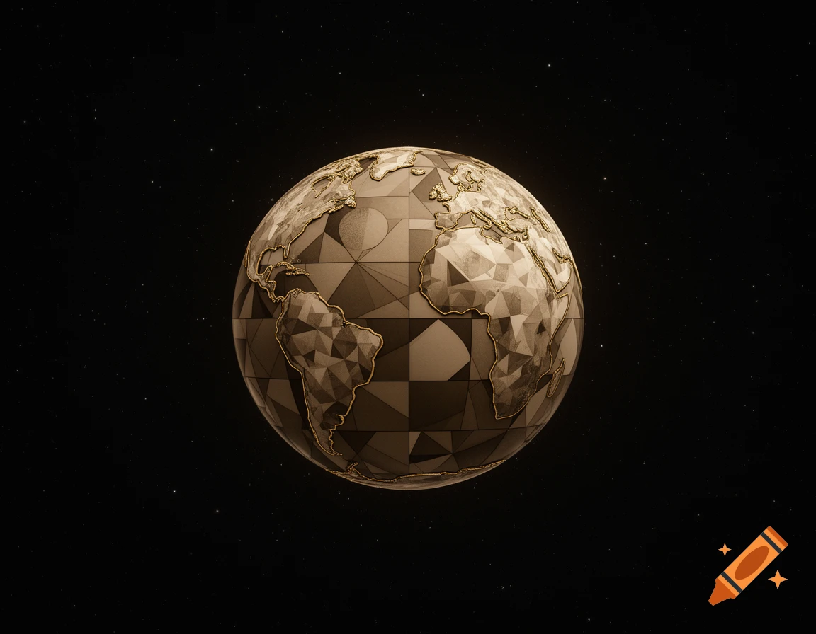 Abstract, geometric Earth in sepia tones with gold outlines of continents, set against a dark starry space.