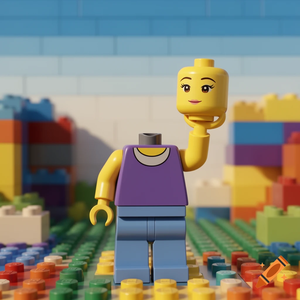 A headless female Lego minifigure holds her disembodied head in her hand, standing on a multicolored Lego baseplate.
