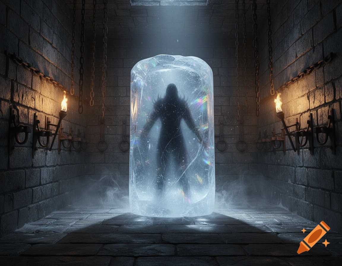 A dark silhouette of a creature frozen inside a glowing ice block in a stone dungeon with flaming torches and chains.