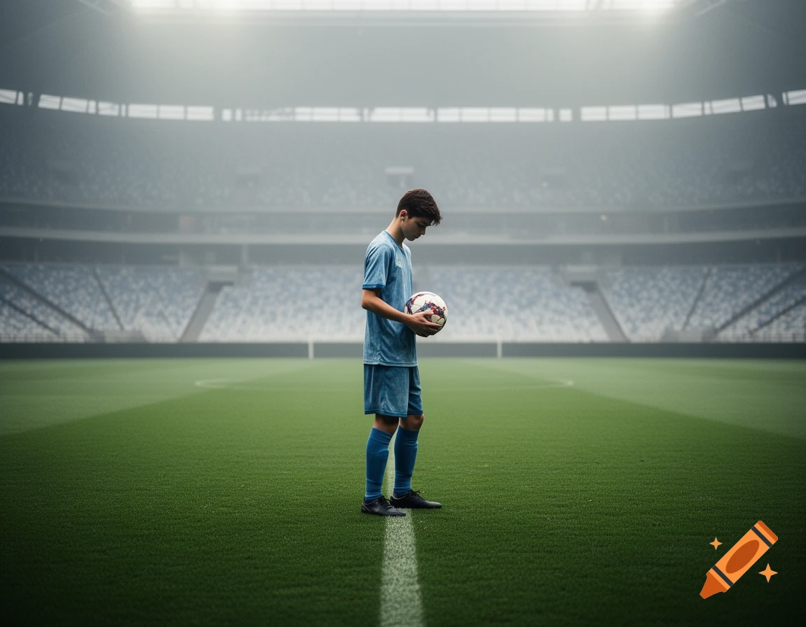 A young soccer player stands on a green field in an empty stadium, holding a ball and looking down.