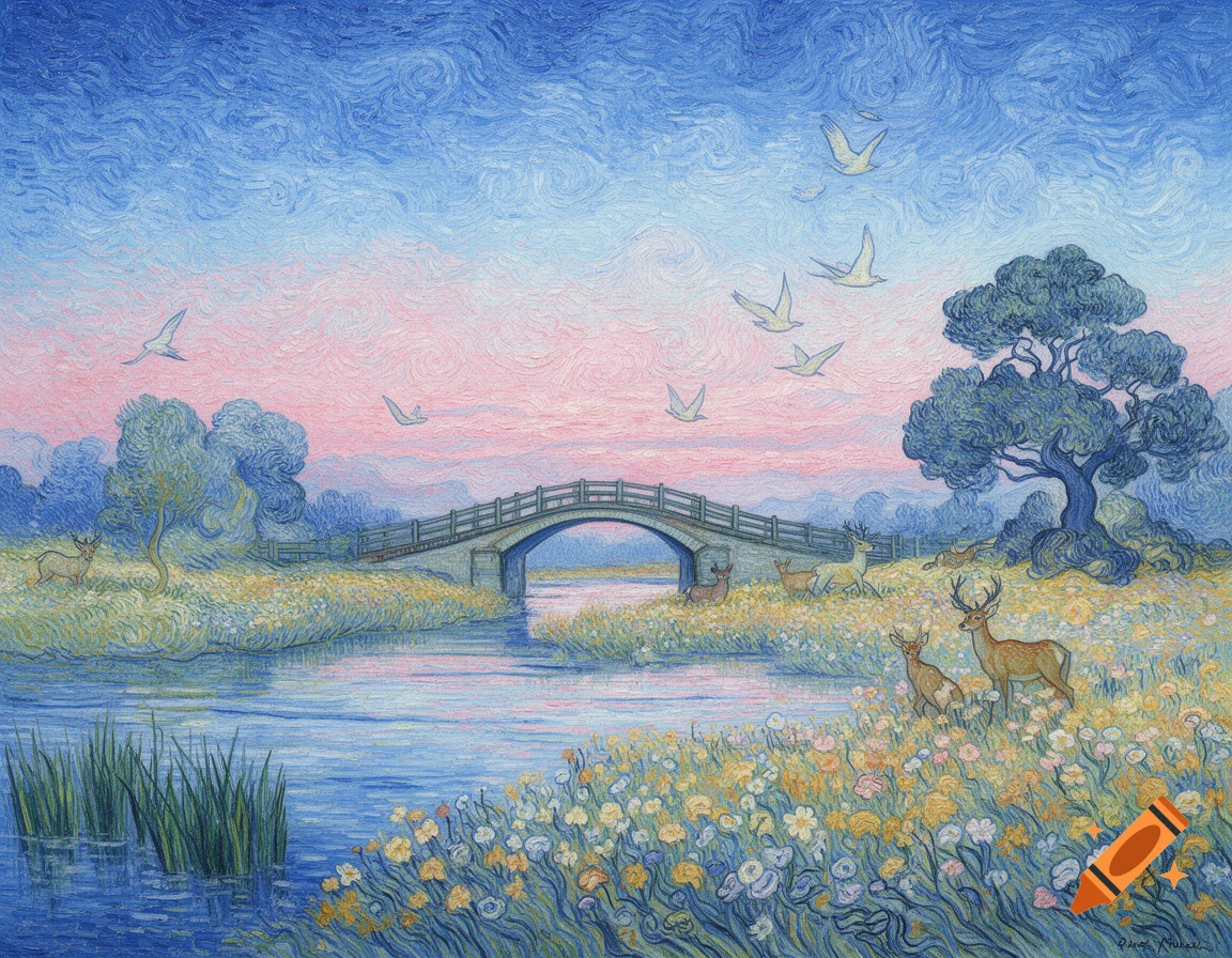 A painting in Van Gogh's style of a river with a stone bridge, deer, flying birds, and wildflowers under a blue and pink sky.