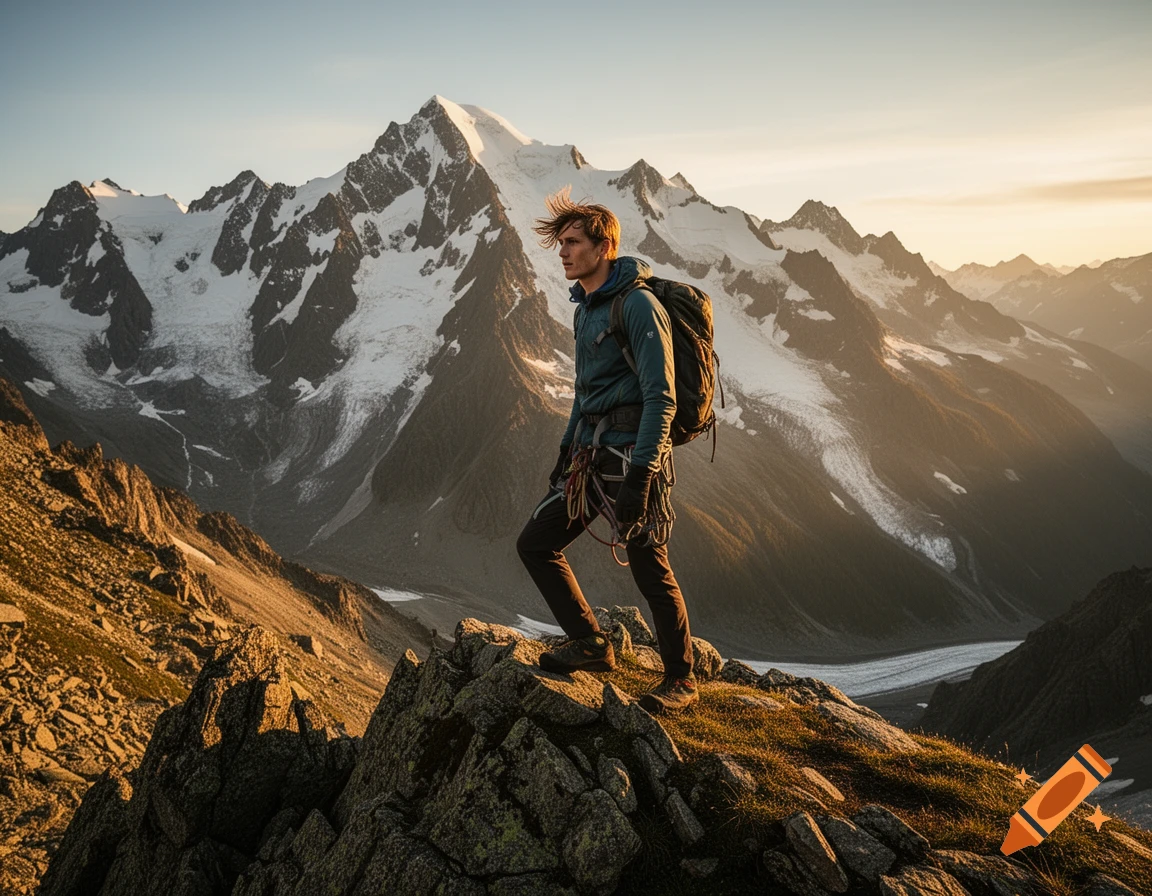 A male hiker with a backpack and climbing gear stands on a rocky mountain peak at sunset, overlooking a vast snowy range.