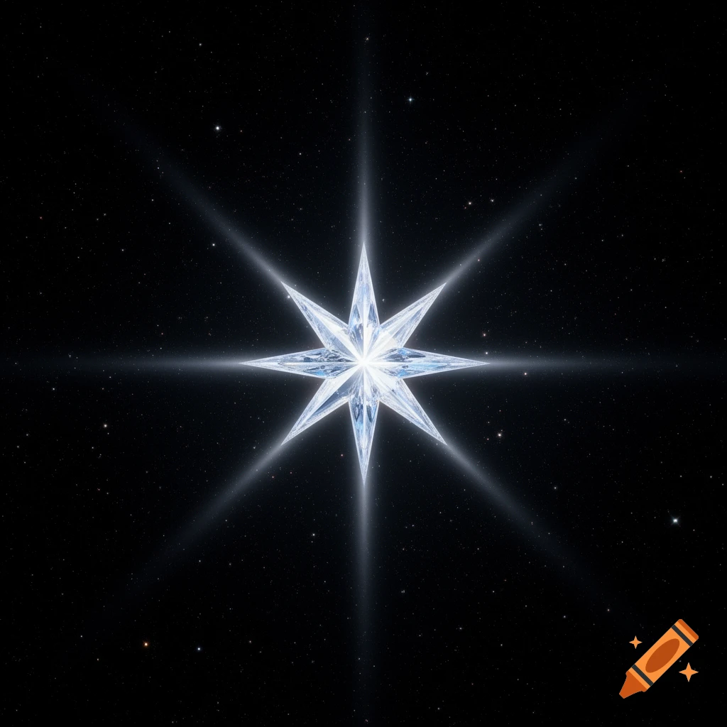 A bright, faceted star with prominent light rays shines brilliantly against a dark, star-filled cosmic background.
